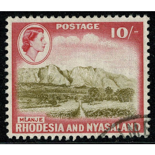 Rhodesia & Nyasaland. 1959 10/-olive-brown & rose-red. Fine Used. SG 30