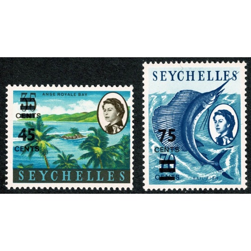 Seychelles. 1965 set of 2 values surcharged T 41. SG 216-217. Unmounted Mint.