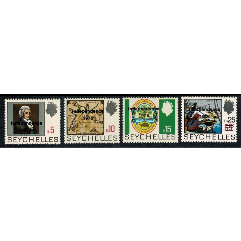 Seychelles. 1976 set of 9 values surcharged  "Independence 1976" T 99. SG 374-382. Unmounted Mint.