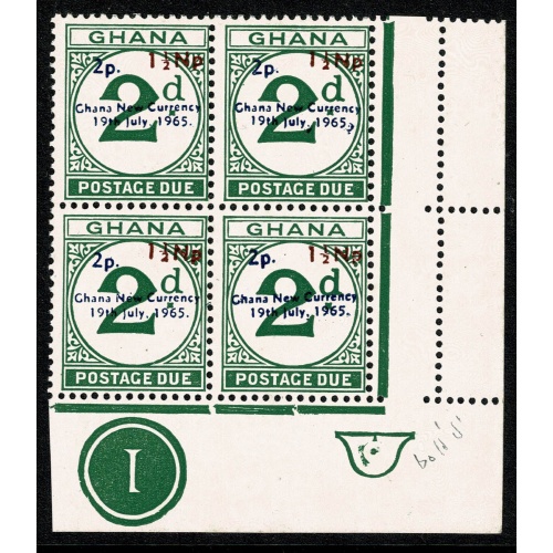 Ghana. 1968-70  Additional Surcharge 1½np on 2p on 2d Postage due Plate block with "Large d" varieties. SG D24/24c