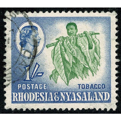 Rhodesia & Nyasaland. 1959 1/- light green & ultramarine.  Fine Used. SG 25