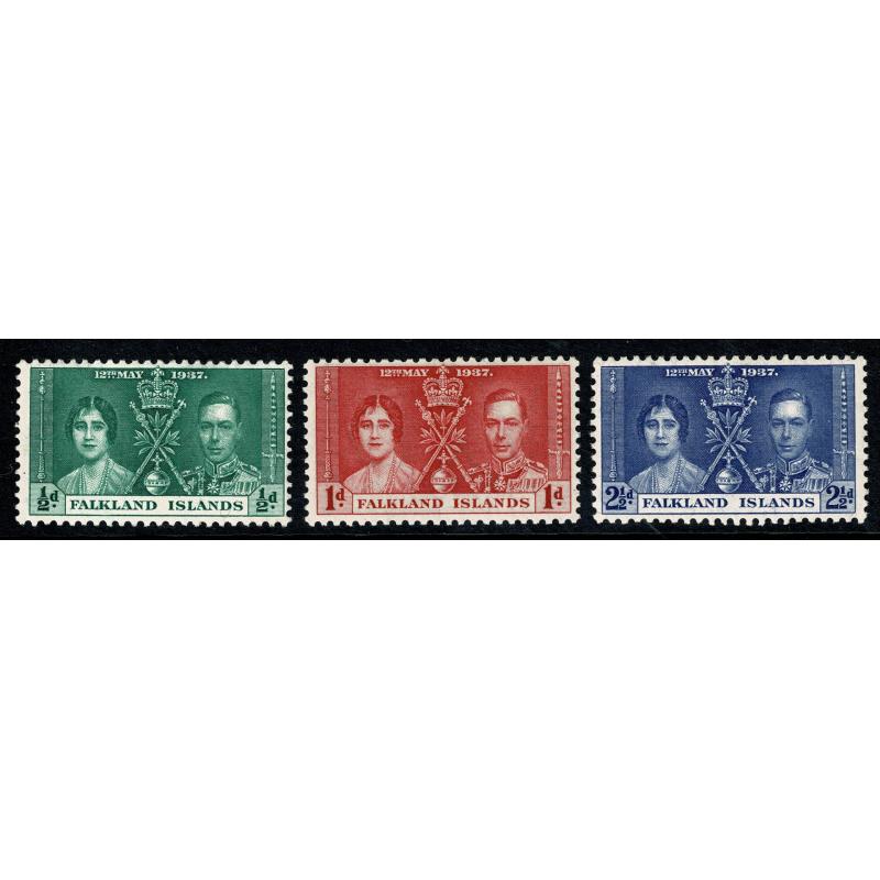 Falkland Islands. 1937 Coronation. Set of 3 values. SG 143-145. Mounted Mint.