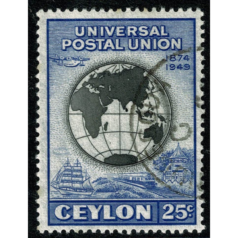 Ceylon. 1949 75th Anniversary of UPU 25c. Fine Used single. SG 412