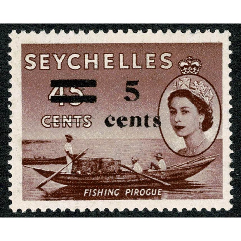 Seychelles. 1956 5c on 45c purple-brown. Unmounted Mint single. SG 191