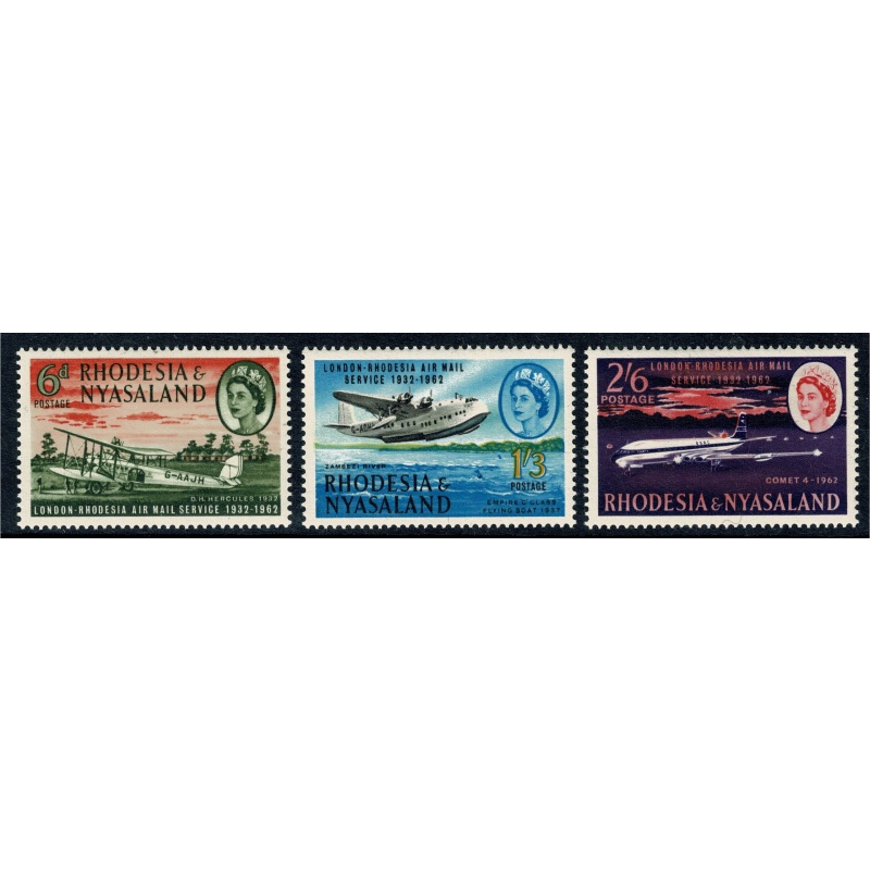 Rhodesia & Nyasaland. 1962 First London-Rhodesia Airmail Service. Set of 3 values. Mounted Mint. SG 40-42