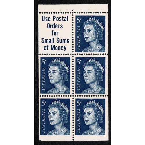 1967 5c Deep blue.  Booklet pane of 5 plus label. SG 386ca