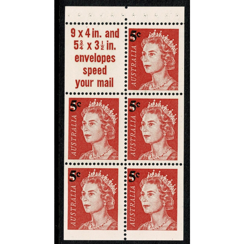 1967 5c on 4c red. Booklet pane of 5 plus label. "9 x 4 in." SG 414a