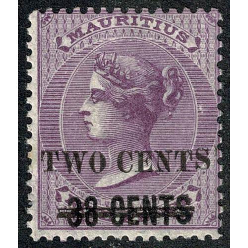 Mauritius. 1891 2c on 38c on 9d pale violet SG 120.  Lightly mounted mint.