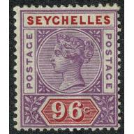 Seychelles. 1890 96c mauve & carmine SG 8. Lightly mounted mint.
