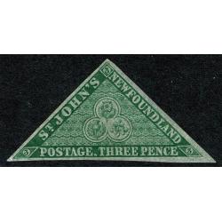 1857 Newfoundland 3d yellowish green. Lightly mounted mint. SG 3. Rare.