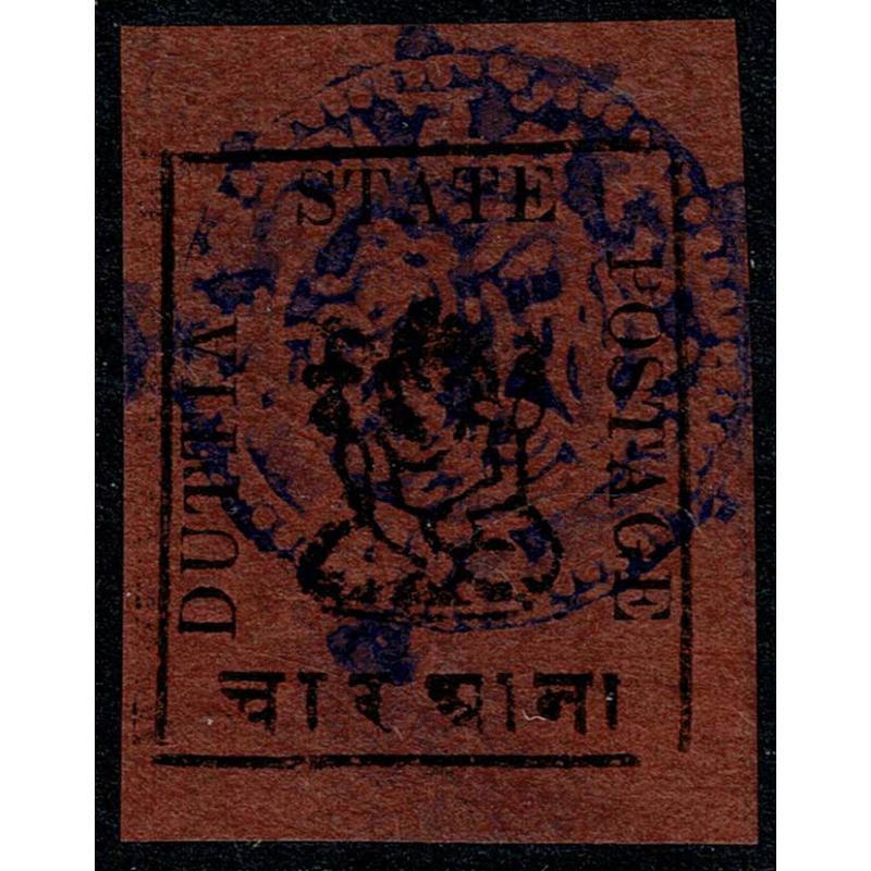 DUTTIA. 1897 4a rose-black. Type 1 small Ganesh. unused. SG 11.