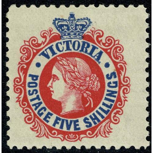 Victoria. 1907 5/- rose red and ultramarine. Watermark crown over A (inverted). Mounted mint. SG 443