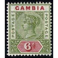 Gambia. 1898 6d olive green and carmine. SG 43. Mounted Mint