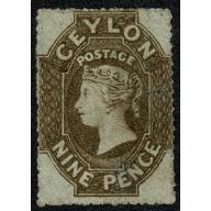 Ceylon. 1861 9d light brown. SG 33a. Very lightly used.